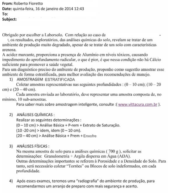 Cópia de mensagem eletrônica entre Laborsolo e cliente